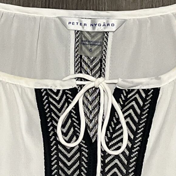 Peter Nygard Blouse 6 White Black Boho Aztec Textile Accents Drawstring Loose - Picture 4 of 8
